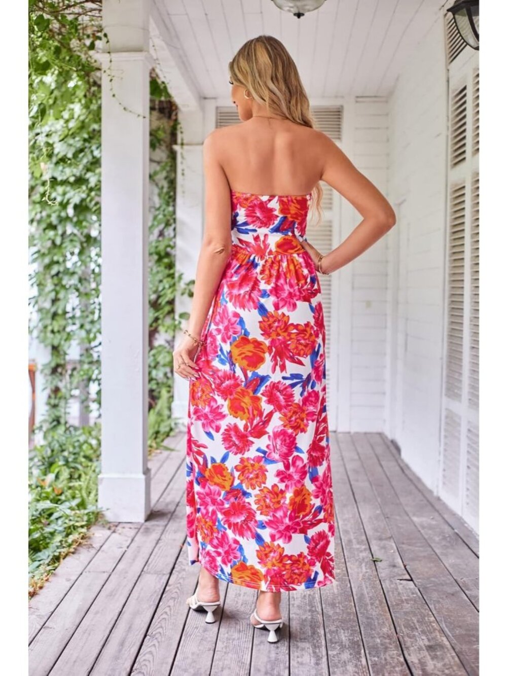 🆕Women's Pink Orange Strapless Neck Sleeveless A-Line Summer Comfort Maxi Dress - Picture 2 of 6